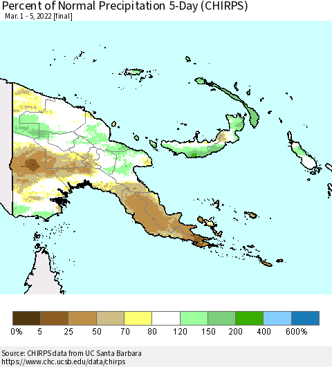 Papua New Guinea Percent of Normal Precipitation 5-Day (CHIRPS) Thematic Map For 3/1/2022 - 3/5/2022