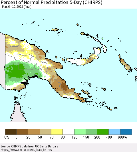 Papua New Guinea Percent of Normal Precipitation 5-Day (CHIRPS) Thematic Map For 3/6/2022 - 3/10/2022
