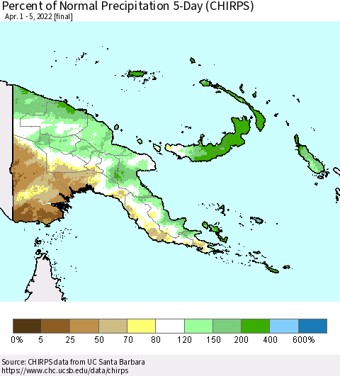 Papua New Guinea Percent of Normal Precipitation 5-Day (CHIRPS) Thematic Map For 4/1/2022 - 4/5/2022