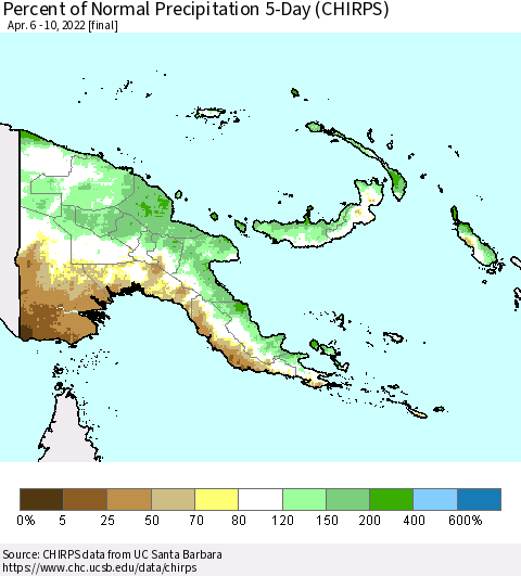 Papua New Guinea Percent of Normal Precipitation 5-Day (CHIRPS) Thematic Map For 4/6/2022 - 4/10/2022