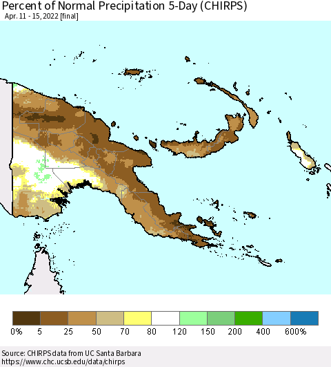 Papua New Guinea Percent of Normal Precipitation 5-Day (CHIRPS) Thematic Map For 4/11/2022 - 4/15/2022