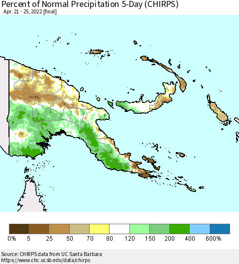Papua New Guinea Percent of Normal Precipitation 5-Day (CHIRPS) Thematic Map For 4/21/2022 - 4/25/2022