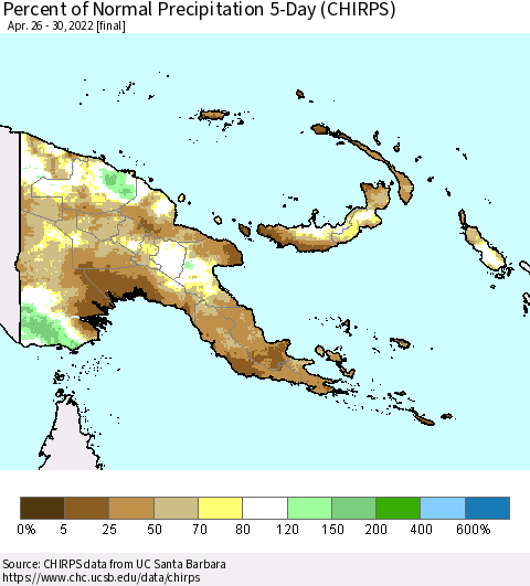 Papua New Guinea Percent of Normal Precipitation 5-Day (CHIRPS) Thematic Map For 4/26/2022 - 4/30/2022