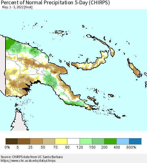 Papua New Guinea Percent of Normal Precipitation 5-Day (CHIRPS) Thematic Map For 5/1/2022 - 5/5/2022