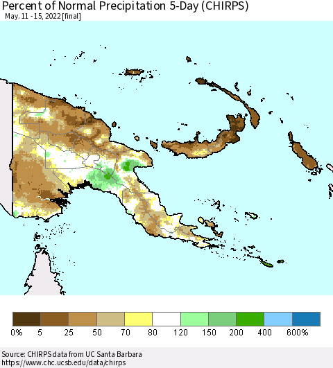 Papua New Guinea Percent of Normal Precipitation 5-Day (CHIRPS) Thematic Map For 5/11/2022 - 5/15/2022