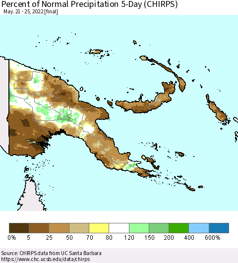 Papua New Guinea Percent of Normal Precipitation 5-Day (CHIRPS) Thematic Map For 5/21/2022 - 5/25/2022