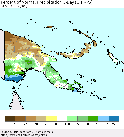 Papua New Guinea Percent of Normal Precipitation 5-Day (CHIRPS) Thematic Map For 6/1/2022 - 6/5/2022