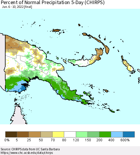 Papua New Guinea Percent of Normal Precipitation 5-Day (CHIRPS) Thematic Map For 6/6/2022 - 6/10/2022
