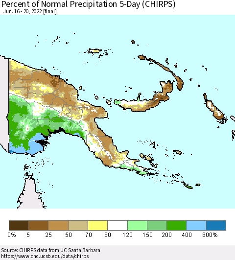 Papua New Guinea Percent of Normal Precipitation 5-Day (CHIRPS) Thematic Map For 6/16/2022 - 6/20/2022