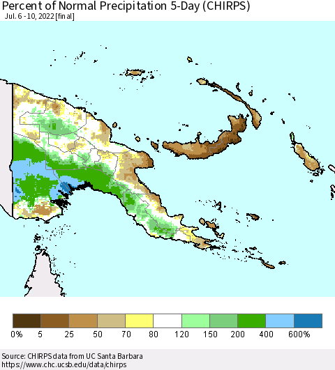 Papua New Guinea Percent of Normal Precipitation 5-Day (CHIRPS) Thematic Map For 7/6/2022 - 7/10/2022