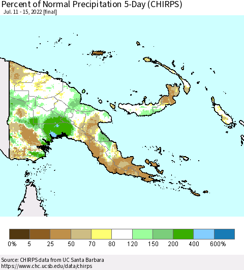 Papua New Guinea Percent of Normal Precipitation 5-Day (CHIRPS) Thematic Map For 7/11/2022 - 7/15/2022