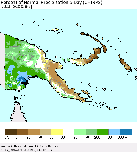 Papua New Guinea Percent of Normal Precipitation 5-Day (CHIRPS) Thematic Map For 7/16/2022 - 7/20/2022