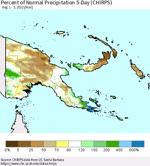 Papua New Guinea Percent of Normal Precipitation 5-Day (CHIRPS) Thematic Map For 8/1/2022 - 8/5/2022