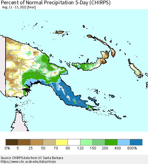Papua New Guinea Percent of Normal Precipitation 5-Day (CHIRPS) Thematic Map For 8/11/2022 - 8/15/2022
