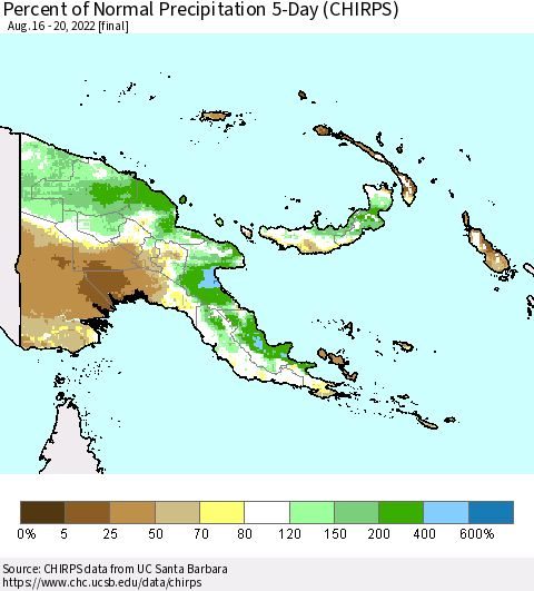 Papua New Guinea Percent of Normal Precipitation 5-Day (CHIRPS) Thematic Map For 8/16/2022 - 8/20/2022