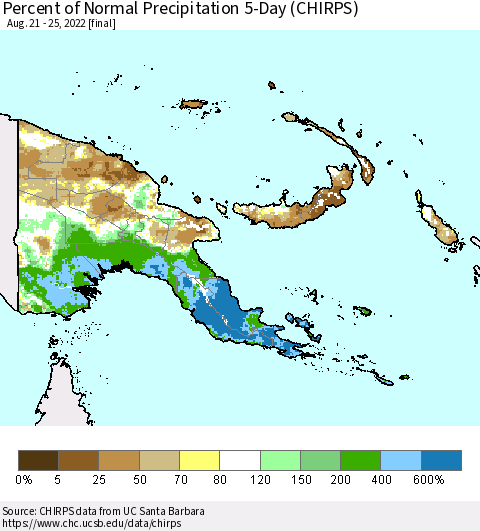 Papua New Guinea Percent of Normal Precipitation 5-Day (CHIRPS) Thematic Map For 8/21/2022 - 8/25/2022