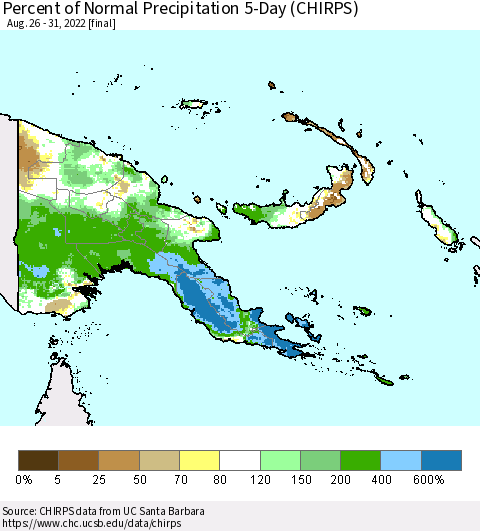 Papua New Guinea Percent of Normal Precipitation 5-Day (CHIRPS) Thematic Map For 8/26/2022 - 8/31/2022