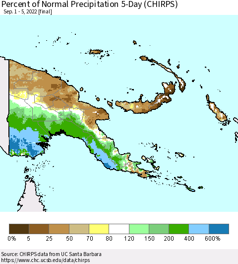 Papua New Guinea Percent of Normal Precipitation 5-Day (CHIRPS) Thematic Map For 9/1/2022 - 9/5/2022