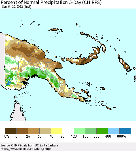 Papua New Guinea Percent of Normal Precipitation 5-Day (CHIRPS) Thematic Map For 9/6/2022 - 9/10/2022
