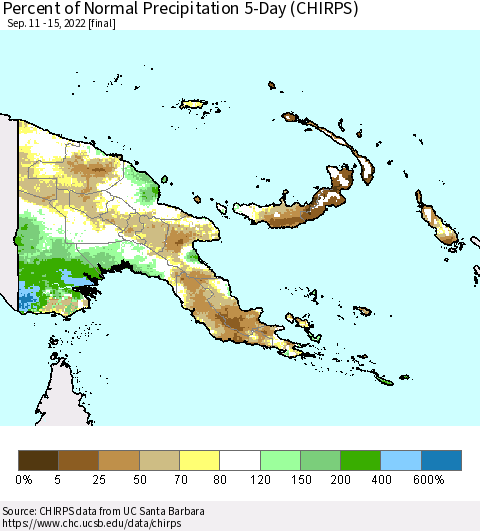 Papua New Guinea Percent of Normal Precipitation 5-Day (CHIRPS) Thematic Map For 9/11/2022 - 9/15/2022
