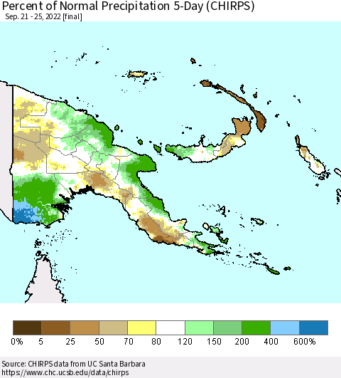 Papua New Guinea Percent of Normal Precipitation 5-Day (CHIRPS) Thematic Map For 9/21/2022 - 9/25/2022