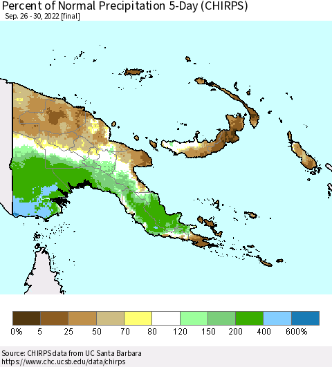 Papua New Guinea Percent of Normal Precipitation 5-Day (CHIRPS) Thematic Map For 9/26/2022 - 9/30/2022