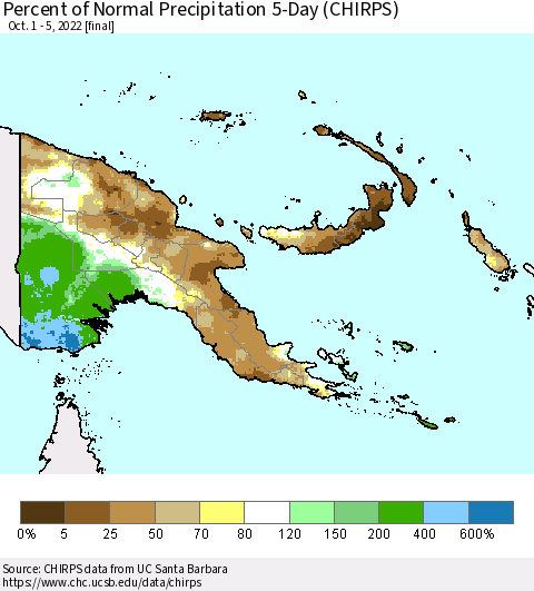 Papua New Guinea Percent of Normal Precipitation 5-Day (CHIRPS) Thematic Map For 10/1/2022 - 10/5/2022