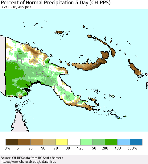 Papua New Guinea Percent of Normal Precipitation 5-Day (CHIRPS) Thematic Map For 10/6/2022 - 10/10/2022