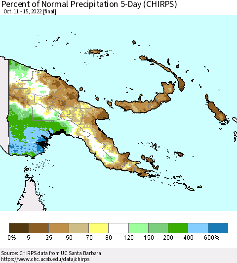 Papua New Guinea Percent of Normal Precipitation 5-Day (CHIRPS) Thematic Map For 10/11/2022 - 10/15/2022