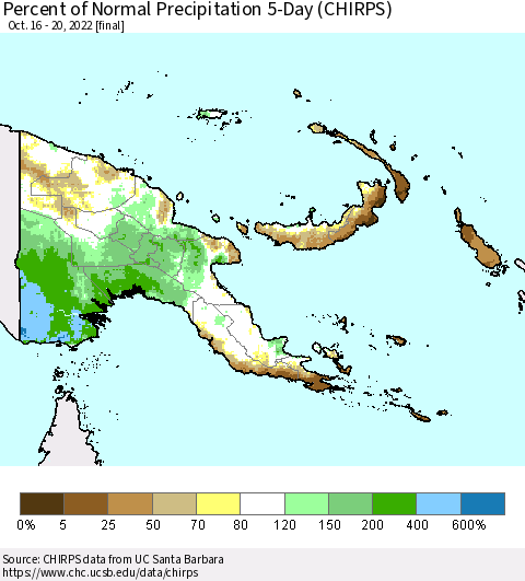 Papua New Guinea Percent of Normal Precipitation 5-Day (CHIRPS) Thematic Map For 10/16/2022 - 10/20/2022