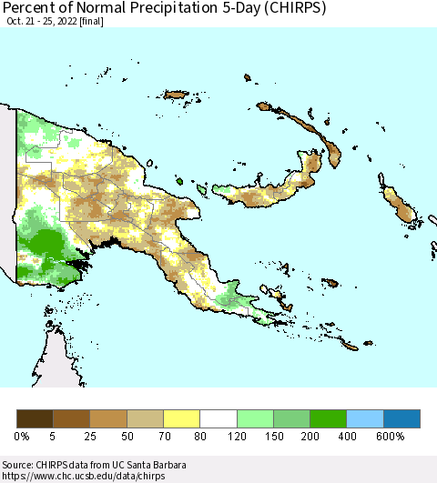 Papua New Guinea Percent of Normal Precipitation 5-Day (CHIRPS) Thematic Map For 10/21/2022 - 10/25/2022