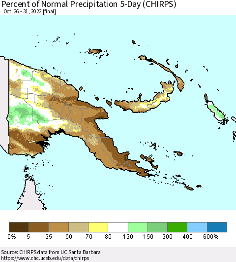 Papua New Guinea Percent of Normal Precipitation 5-Day (CHIRPS) Thematic Map For 10/26/2022 - 10/31/2022