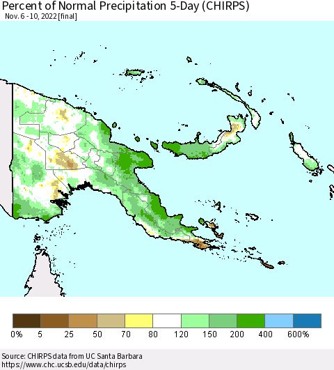 Papua New Guinea Percent of Normal Precipitation 5-Day (CHIRPS) Thematic Map For 11/6/2022 - 11/10/2022