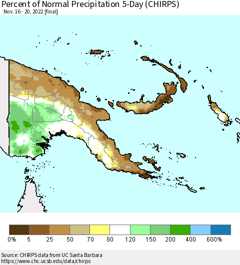 Papua New Guinea Percent of Normal Precipitation 5-Day (CHIRPS) Thematic Map For 11/16/2022 - 11/20/2022