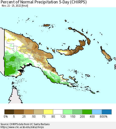 Papua New Guinea Percent of Normal Precipitation 5-Day (CHIRPS) Thematic Map For 11/21/2022 - 11/25/2022