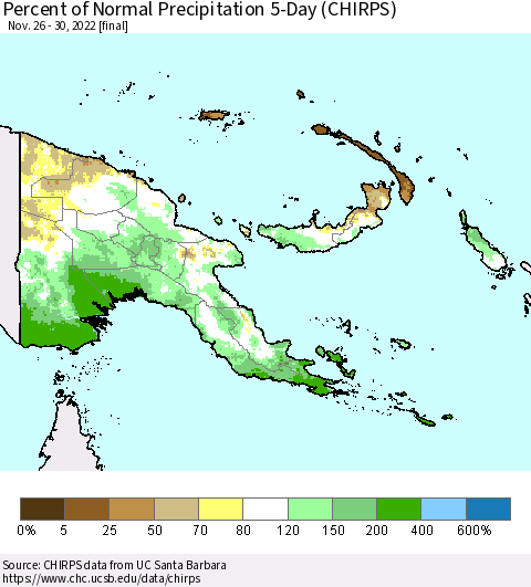 Papua New Guinea Percent of Normal Precipitation 5-Day (CHIRPS) Thematic Map For 11/26/2022 - 11/30/2022