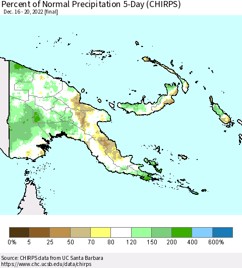 Papua New Guinea Percent of Normal Precipitation 5-Day (CHIRPS) Thematic Map For 12/16/2022 - 12/20/2022