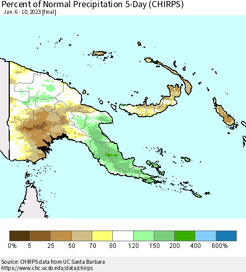 Papua New Guinea Percent of Normal Precipitation 5-Day (CHIRPS) Thematic Map For 1/6/2023 - 1/10/2023