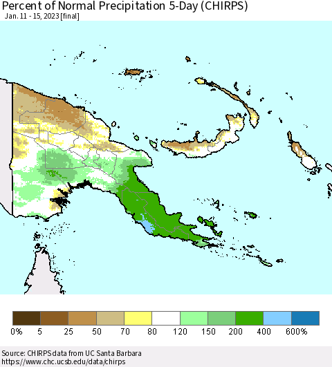 Papua New Guinea Percent of Normal Precipitation 5-Day (CHIRPS) Thematic Map For 1/11/2023 - 1/15/2023