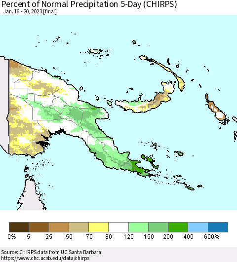 Papua New Guinea Percent of Normal Precipitation 5-Day (CHIRPS) Thematic Map For 1/16/2023 - 1/20/2023
