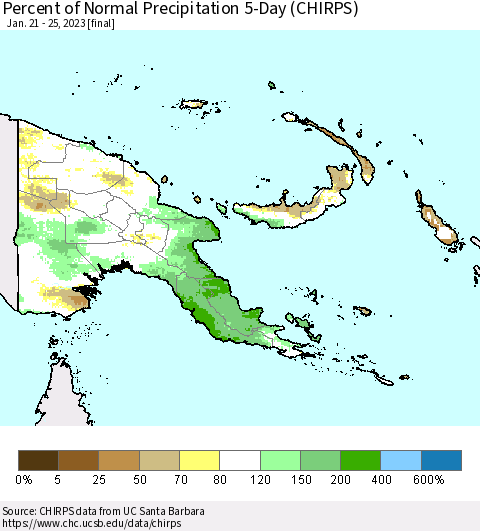 Papua New Guinea Percent of Normal Precipitation 5-Day (CHIRPS) Thematic Map For 1/21/2023 - 1/25/2023