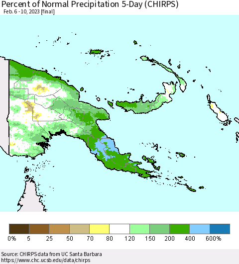 Papua New Guinea Percent of Normal Precipitation 5-Day (CHIRPS) Thematic Map For 2/6/2023 - 2/10/2023