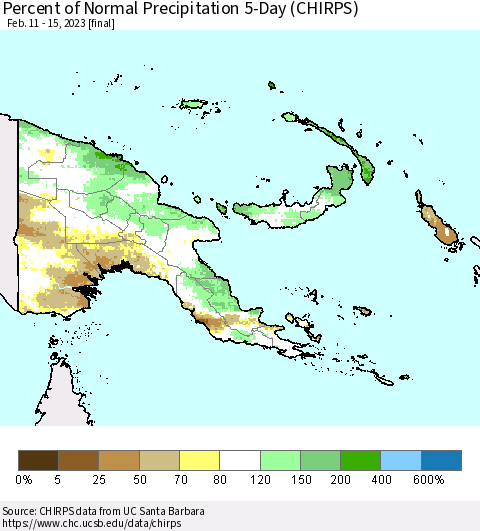 Papua New Guinea Percent of Normal Precipitation 5-Day (CHIRPS) Thematic Map For 2/11/2023 - 2/15/2023
