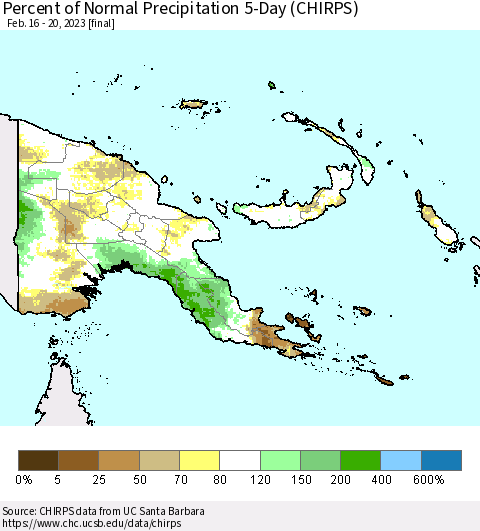 Papua New Guinea Percent of Normal Precipitation 5-Day (CHIRPS) Thematic Map For 2/16/2023 - 2/20/2023