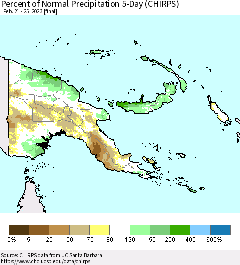 Papua New Guinea Percent of Normal Precipitation 5-Day (CHIRPS) Thematic Map For 2/21/2023 - 2/25/2023