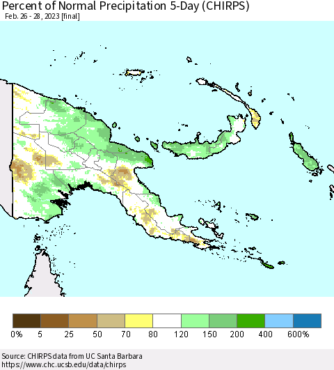 Papua New Guinea Percent of Normal Precipitation 5-Day (CHIRPS) Thematic Map For 2/26/2023 - 2/28/2023
