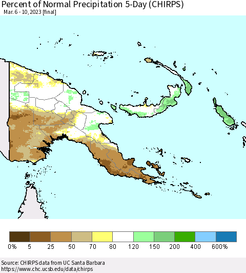 Papua New Guinea Percent of Normal Precipitation 5-Day (CHIRPS) Thematic Map For 3/6/2023 - 3/10/2023