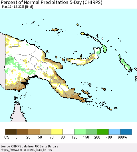 Papua New Guinea Percent of Normal Precipitation 5-Day (CHIRPS) Thematic Map For 3/11/2023 - 3/15/2023