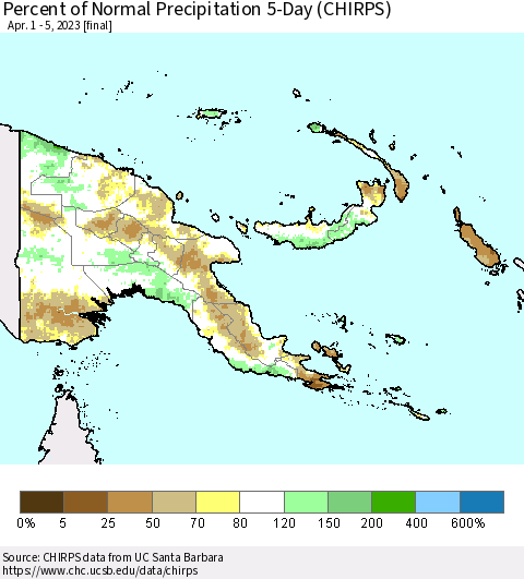 Papua New Guinea Percent of Normal Precipitation 5-Day (CHIRPS) Thematic Map For 4/1/2023 - 4/5/2023