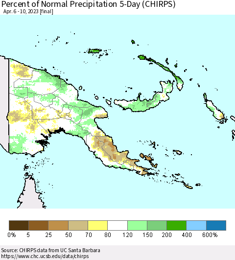 Papua New Guinea Percent of Normal Precipitation 5-Day (CHIRPS) Thematic Map For 4/6/2023 - 4/10/2023